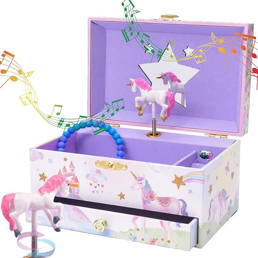 Jewelkeeper Jewelry Box for Girls with 1 Drawer - Unicorn Musical Jewelry Boxes, Beautiful Dreamer Tune, Spinning Unicorn Doll, Little Girl Music Box, Gifts for 5 Year Old Girls (Engineered Wood)-BubblyBeeBaby