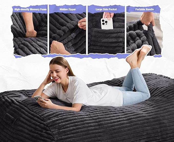 Hobestluk 6FT Bean Bag Chairs Adult Bean Bag with Portable Handle Comfy Large Bean Bag Lounge Chair with Removable Cover for Living Room Bedroom (Stripe Dark Grey, 6FT)-BubblyBeeBaby