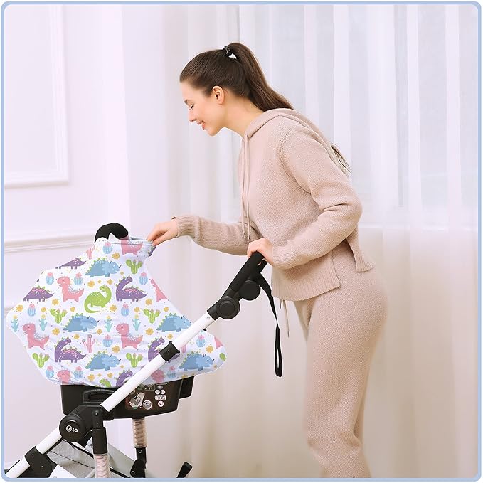 Car Seat Covers Canopy Cover - Multi-use Cover Carseat Canopy, Breathable Breastfeeding Cover, Car Seat Covers for Bbies, Boys & Girls Shower Gifts (Colorful Dinosaur)-BubblyBeeBaby