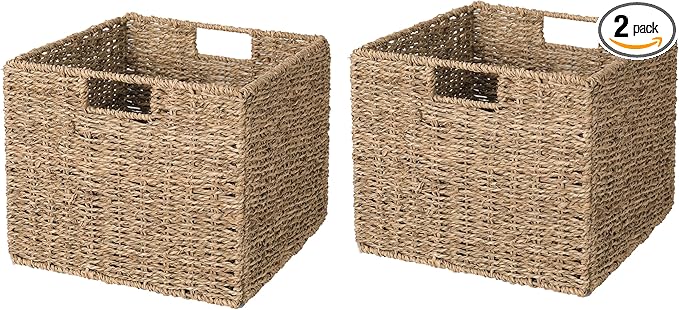 12x12x10in Seagrass Storage Baskets Set of 2, Large Wicker Storage Basket, Decorative Seagrass Shelf Basket, Pantry Baskets Organization,Folding Storage Cube Bins-BubblyBeeBaby