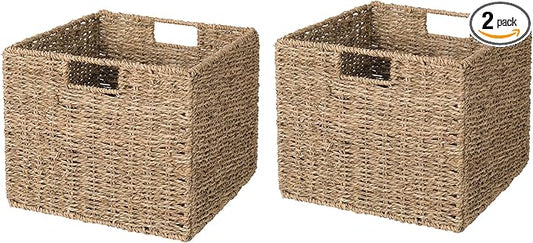 12x12x10in Seagrass Storage Baskets Set of 2, Large Wicker Storage Basket, Decorative Seagrass Shelf Basket, Pantry Baskets Organization,Folding Storage Cube Bins-BubblyBeeBaby