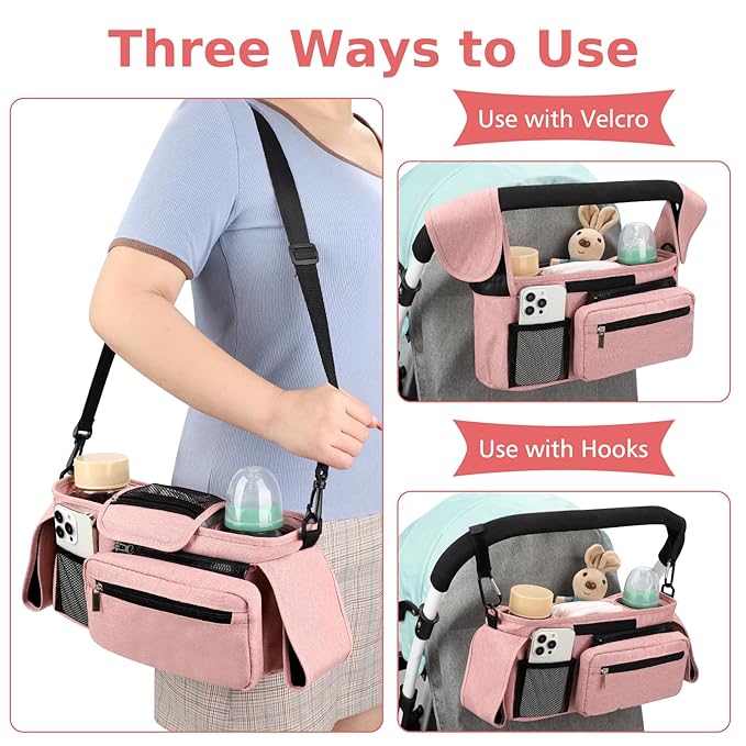Accmor Universal Stroller Organizer with Insulated Cup Holder Detachable Phone Bag and Shoulder Strap, Stroller Bag Caddy Organizer Accessories Fits for Uppababy, Baby Jogger, Britax Strollers-BubblyBeeBaby