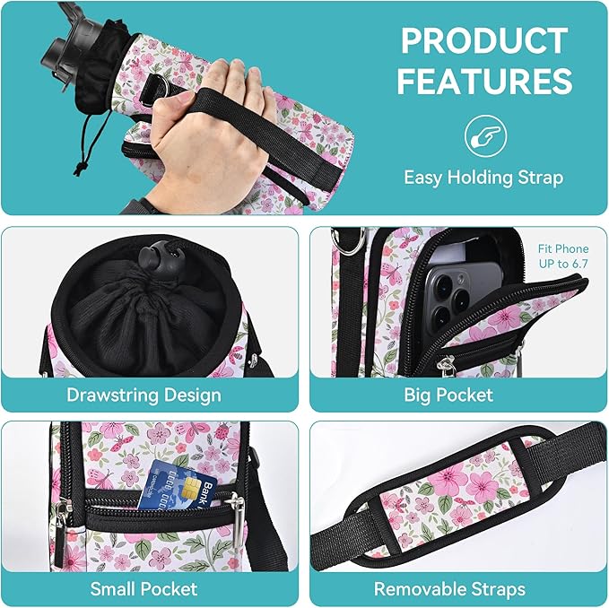 icolor Water Bottle Carrier Bag with Strap 25/32/40 oz Crossbody Bottle Holder with Phone Pocket Sling Sleeve Insulated Neoprene Water Bottle Pouch for Walking Travelling-BubblyBeeBaby