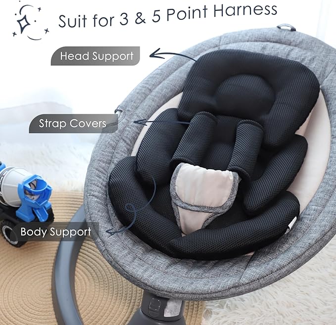 Infant Car Seat Insert for Newborn Girls Boys, Summer Mesh Baby Carseat Head Support with Strap Pads, Soft Reversible Baby Car Seat Insert Cushion Pad for Car Seat, Stroller, Bouncer, Swing, Black-BubblyBeeBaby