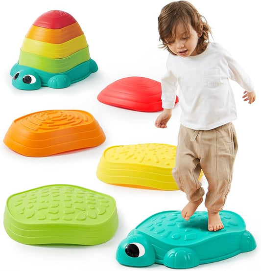 JOYIN 5 Pcs Turtle Balance Stepping Stones, Kids Turtle Path Jumping Stones, Toddler Obstacle Course Coordination Game Toys Indoor or Outdoor Play for Kids Aged 3+-BubblyBeeBaby