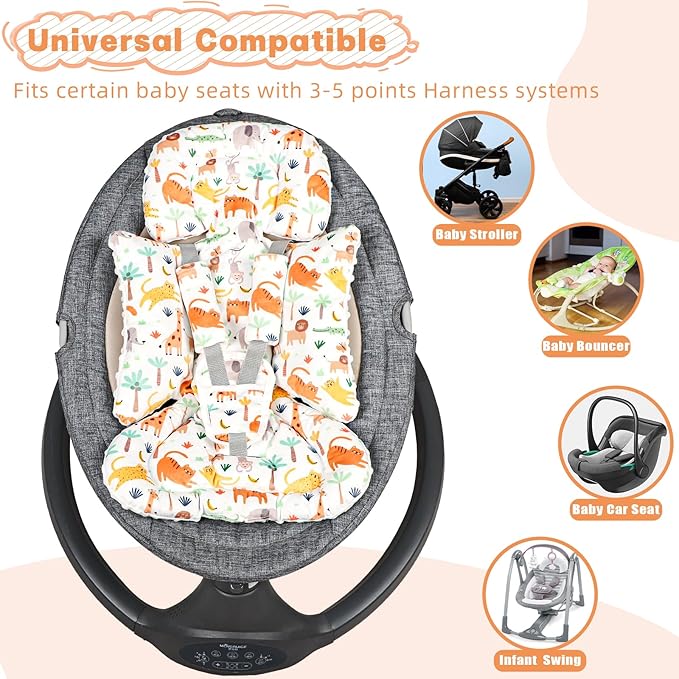 Infant Car Seat Insert, Soft Baby Car Seat Head & Body Support for Girl Boy, Reversible Newborn Preemie Carseat Insert Cushion with 3 Straps Pads Fits CarSeat, Stroller, Swing, Bouncer, Animals-BubblyBeeBaby
