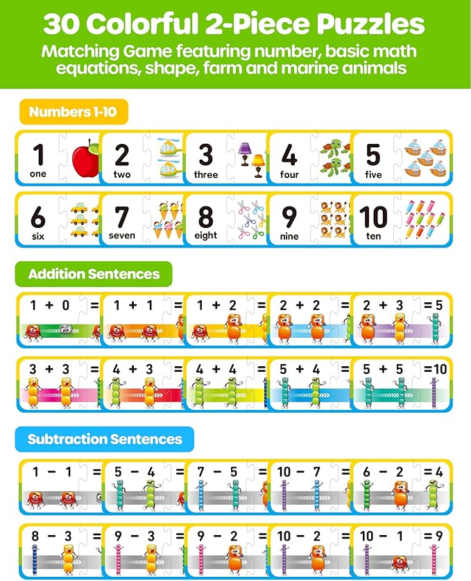 D-FantiX 30 Self-Correcting Number Puzzles, Double-Sided Addition and Subtraction Games, Kindergarten Math Games for Kids, Montessori Math Puzzles Educational Toys Preschool Learning Activities-BubblyBeeBaby