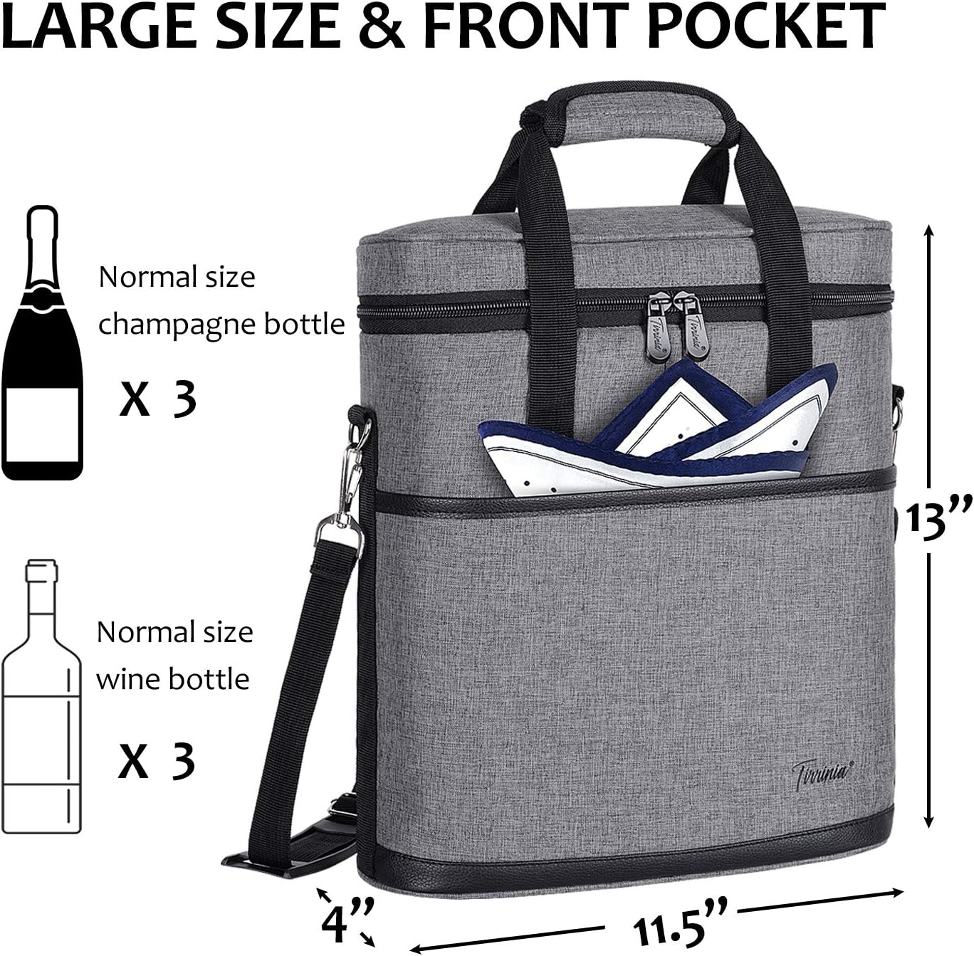 Tirrinia Insulated Wine Gift carrier - 3 Bottle Travel Wine Carry Cooler Tote Bag with Handle and Adjustable Shoulder Strap, Grey
