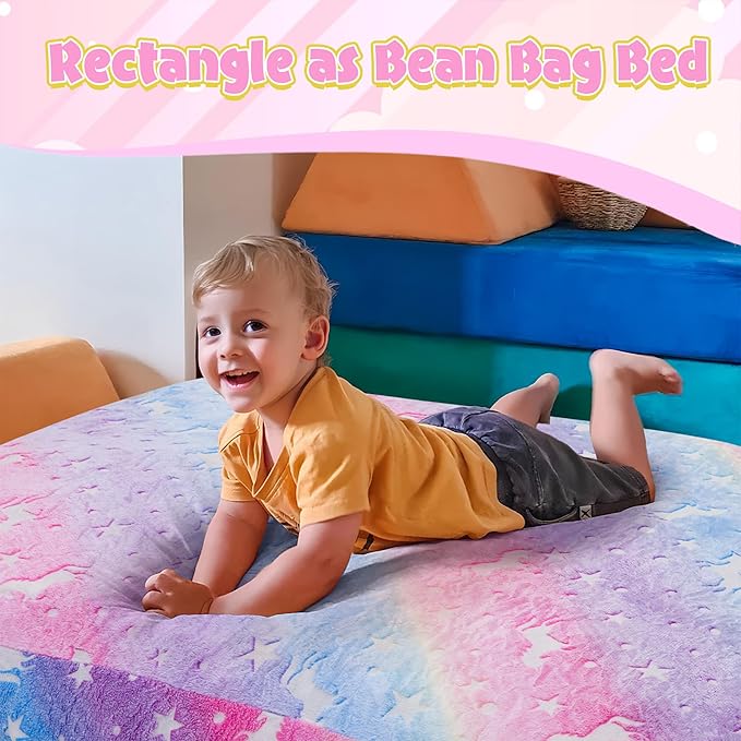 Kids Bean Bag Chair Turn into Beanbag Bed, Unicorn Toddler Bean Chair for Girl Boy Sleeping, Lazy Children Bean Bags with Filler, Convertible Child Floor Mattress, Colorful Rainbow-BubblyBeeBaby