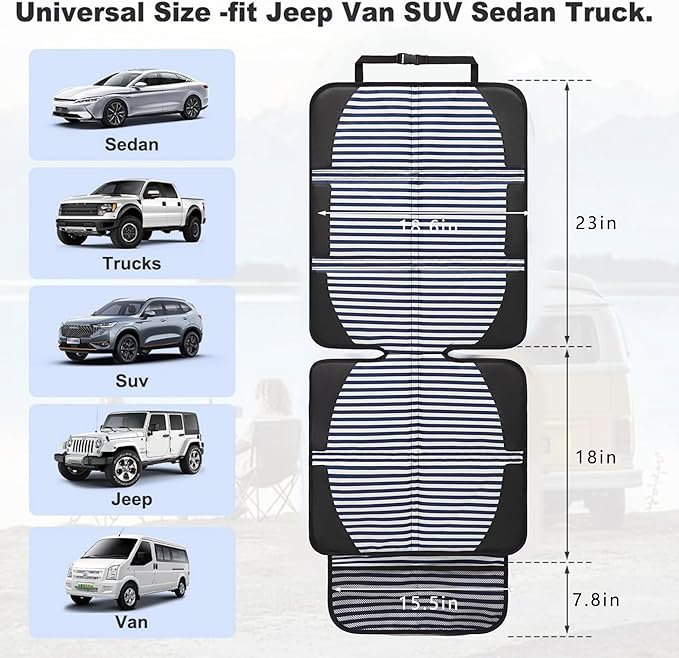 Car Seat Protector for Child Car Seat, 2 Pack Baby Car Seat Covers with Mesh Pockets & Non-Slip Backing 600D Durable Seat Protector Under Baby Car Seat for Car Back Seat (Stripe, Large)-BubblyBeeBaby