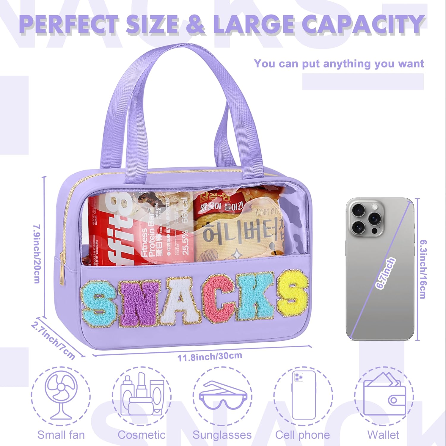 Snack Bag for Travel - Chenille Letter Clear Makeup Bag, Large Preppy Patch Snack Cosmetic Bag with Handle and Zipper, Cute Makeup Pouch Nylon&PVC Waterproof Toiletry Organizer Storage for Women Girls