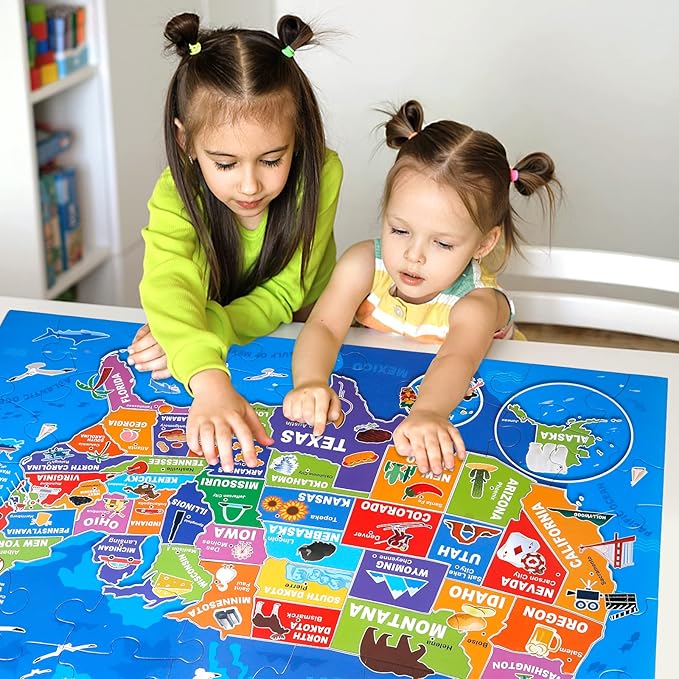Jumbo Floor Puzzle for Kids,USA Map Puzzle Jigsaw Geography Puzzles,70 Piece US Map 50 States with Capitals,United States Puzzle for Ages 3-5,Preschool Learning Toys Gift for 4-8 Years Old-BubblyBeeBaby