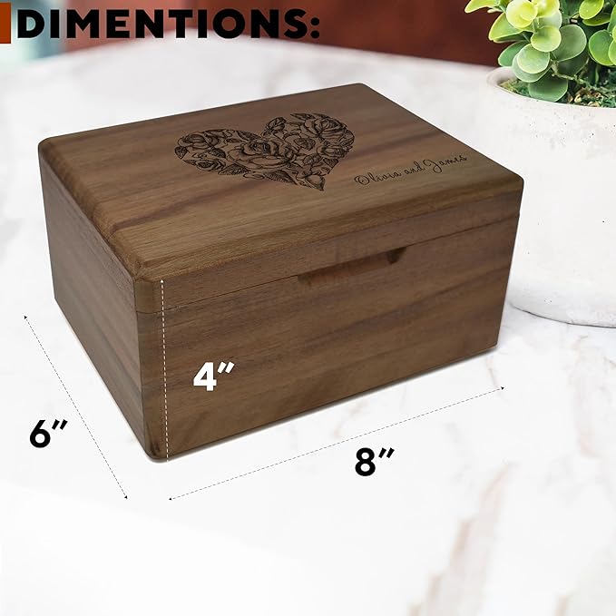 Keepsake Box for Wedding Anniversary - Customized Keepsake Box Engraved Connected Hearts with Names, 5 Years Anniversary, Acacia Wood Decorative Custom Memory Boxes, Surprise Love Message, 8x6x4 in-BubblyBeeBaby