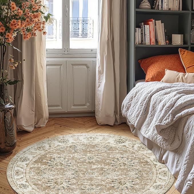 jinchan Round Rug 6ft Area Rug - Taupe Vintage Floor Mat Kitchen Indoor Ultra-Thin Soft Floral Print - Washable Circle 6' Retro Accent for Farmhouse Non Slip Dining Room Living Room Bedroom Office-BubblyBeeBaby