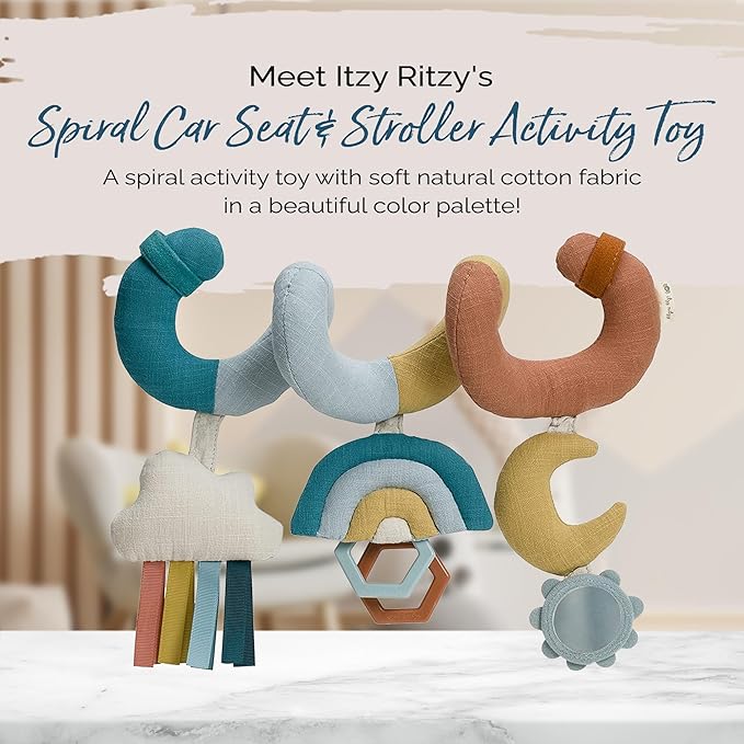 Itzy Ritzy Spiral Car Seat & Stroller Activity Toy - Stroller & Car Seat Toys for Ages 0 Months and Up - Hanging Toys Include Clinking Rings, Mirror and Textured Ribbons (Rainbow)-BubblyBeeBaby