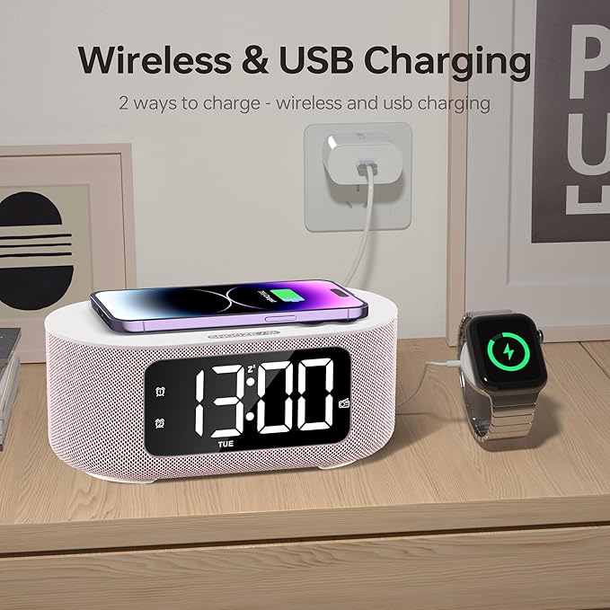 JALL Fabric Alarm Clock for Bedroom, with Big Led Screen Display, Bluetooth Stereo Sound Speaker, FM Radio, Fast Wireless Charging, USB Charging Port, Nightlight, White Noise, Ideal for Gift, Pink-BubblyBeeBaby