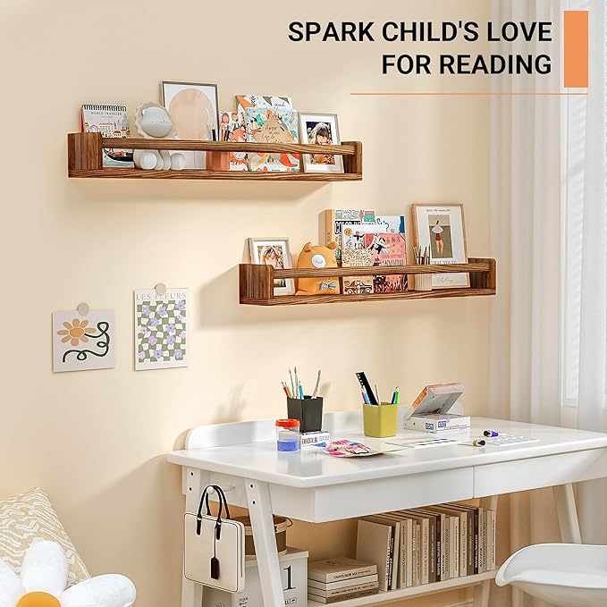 Heimlove Nursery Floating Shelves - 32 inch Solid Wood Wall Mounted Book Shelves for Kids, Set of 3-BubblyBeeBaby