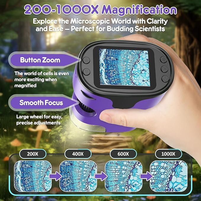 1000X Handheld Microscope for Kids 4K 2.0" Screen Rechargeable Mini Pocket Digital Microscopes w/Slides Kit Portable Edu Gift Age 4-6 8-12 Children Students (Purple)-BubblyBeeBaby