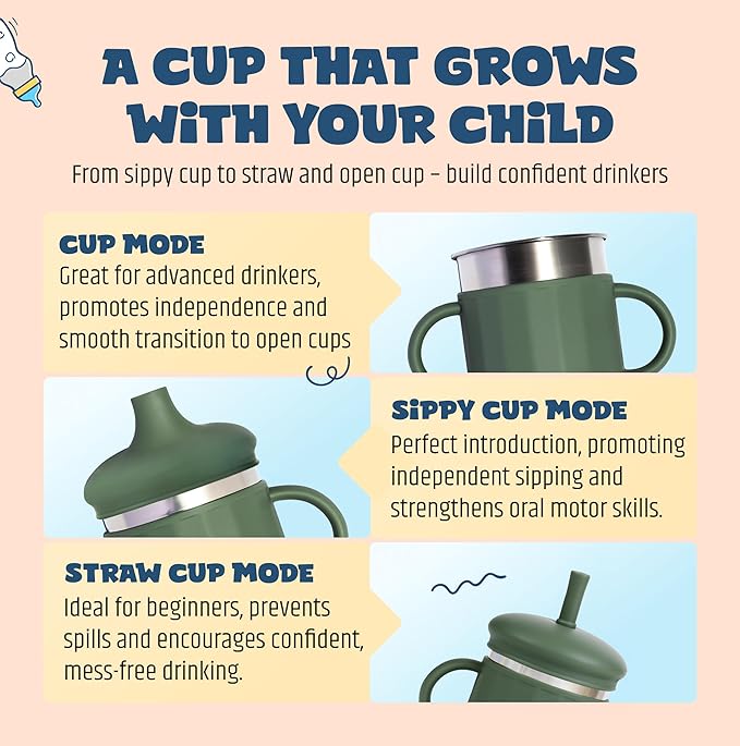 Jumble Dream Baby & Toddler Stainless Steel Sippy Cup Silicon Training Stainless Steel Kids Cups with Straw, Babies Tumbler with Straw No Spill | 6-24 Month Toddler Sippy Cup (Sage Breeze)-BubblyBeeBaby