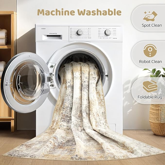 10x12 Area Rug Living Room: Washable Large Abstract Modern Soft Rugs Stain Resistant Indoor Floor Non Slip Accent Carpet for Bedroom Nursery Playroom Office Dining Room Dorm Home House- Gray Gold-BubblyBeeBaby