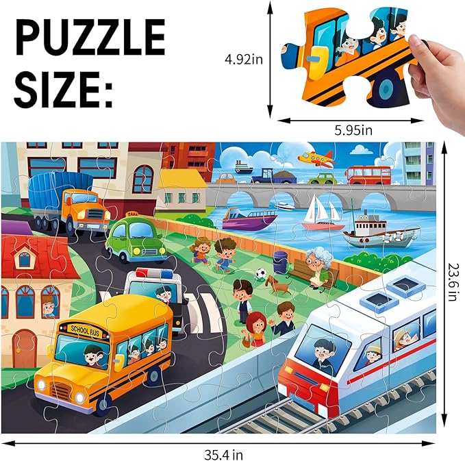 Jumbo Floor Puzzle for Kids,City Transportation Jigsaw Large Puzzles,48 Piece City Life Vehicle Puzzle for Toddler Ages 3-5,Children Learning Preschool Educational Toys,Gift for 4-8 Years Old-BubblyBeeBaby