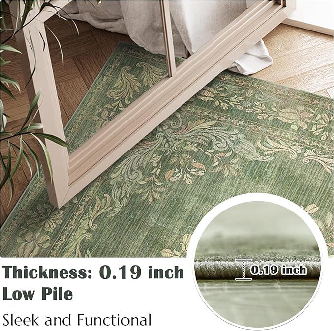 jinchan Green Floral 8x10 Area Rugs for Living Room - Machine Washable Vintage Distressed Design Soft Throw Rug Non-Slip Large Carpet for Bedroom Nursery Dining Room Home Office (8x10ft,Dark Green)-BubblyBeeBaby