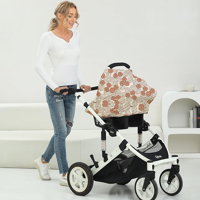Breathable Car Seat Cover for Babies – Multi-Purpose Soft Rayon Nursing Cover for Breastfeeding, High Stretchy Infant Carseat Canopy, Stroller Cover (Smooth Rayon, Warm Floral)-BubblyBeeBaby