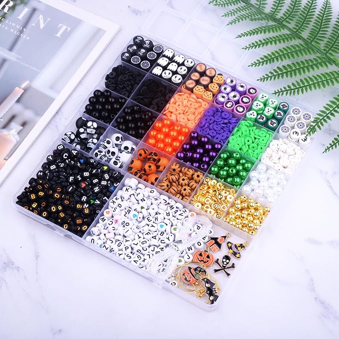2088pcs Halloween Polymer Clay Beads Bracelet Making kit, 24 Style Cute Fun Beads Skull Pumpkin Beads Charms for Jewelry Necklace Earring Making DIY Accessories for Women Girls-BubblyBeeBaby