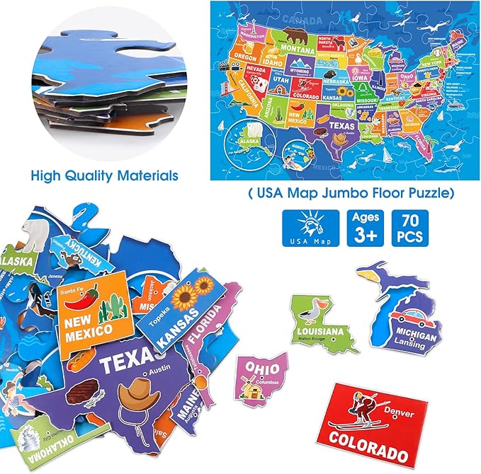 Jumbo Floor Puzzle for Kids,USA Map Puzzle Jigsaw Geography Puzzles,70 Piece US Map 50 States with Capitals,United States Puzzle for Ages 3-5,Preschool Learning Toys Gift for 4-8 Years Old-BubblyBeeBaby