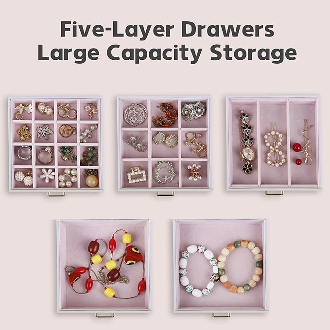 Kendal Jewelry Box, 6-Layer Jewelry Storage Organizer for Necklace Bracelet Rings Watch, 10.2"x8.2"x6" Classic PU Leather 5 Drawers Large Storage Capacity with Mirror-BubblyBeeBaby