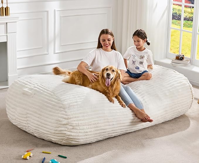 Hobestluk 6FT Bean Bag Chairs Adult Bean Bag with Portable Handle Comfy Large Bean Bag Lounge Chair with Removable Cover for Living Room Bedroom (Stripe White, 6FT)-BubblyBeeBaby
