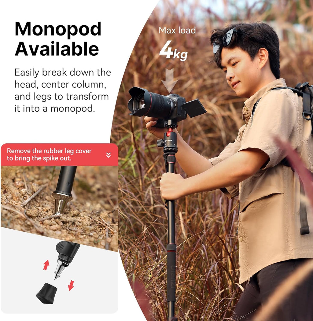 ULANZI TT31 72.4" Camera Tripod, Foldable Tripod & Monopod Aluminum w Claw Quick-Release Plate, 360°Ball Head Detachable w 180°Revertible Legs, Weight 3.42lb, Payload 33lb,for Camera/DSLR/Camcorder