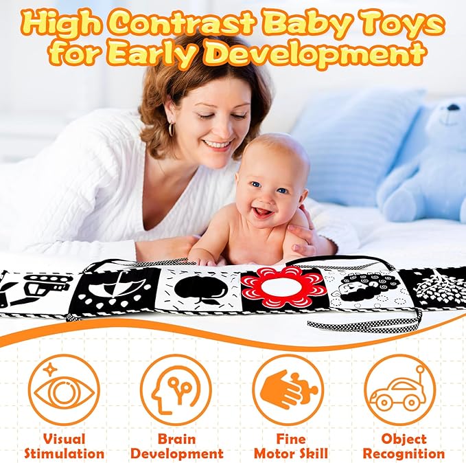 High Contrast Baby Toys for Newborn Infant 0-6 Months Montessori Tummy Time Black and White Sensory Crinkle Toys 0-3 3-6 Months Soft Books Carseat Toys for Baby Boys Girls Easter Basket Stuffers Gifts-BubblyBeeBaby