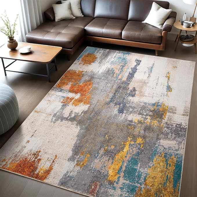 Kelarea Living Room Rug, 8x10 Rug Modern Abstract Washable Rugs Grey Faux Wool Vintage Carpets, Non Slip Rugs for Bedroom, Dining Room, College Dorm, Kids Playroom, Home Office-BubblyBeeBaby