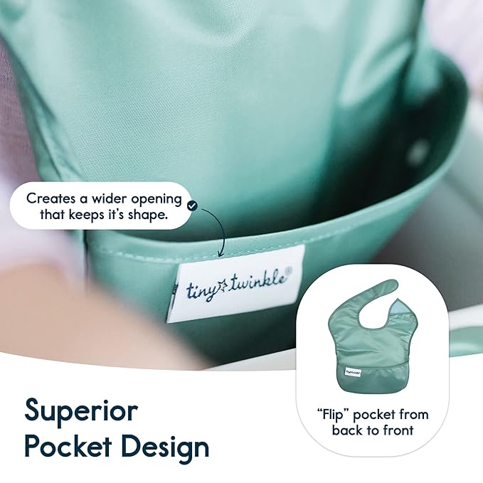 Tiny Twinkle Mess Proof Baby Bibs for Eating - Waterproof, Wipeable Bibs - Toddler Bibs - Travel Friendly - PFAS, PVC, BPA, Phthalate Free - Baby Food Bibs(3 Pack,Olive. Slate)-BubblyBeeBaby