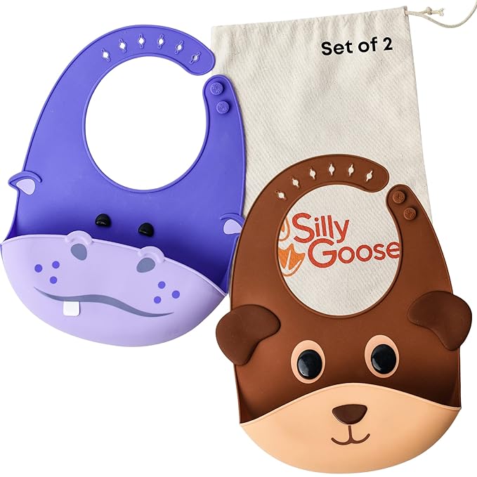Silly Goose Set of 2 Silicone Animal Baby Bibs for Babies and Toddlers, Waterproof, Adjustable, Soft, Extra Wide Food Catcher Pocket (2PK Hippo+Bear)-BubblyBeeBaby