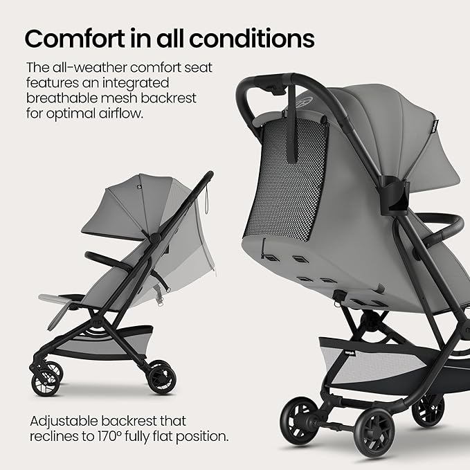 Mompush Velo Lightweight Travel Stroller – One-Hand Fold, Ultra-Compact & Airplane Friendly, Lie-Flat Recline Seat (from Birth to 50 lbs), Includes Cup Holder, Shoulder Strap, and Leather Bumper Bar-BubblyBeeBaby