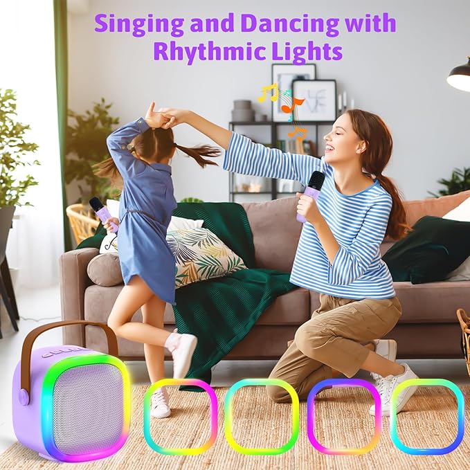 Karaoke Machine for Kids Adults, Portable Bluetooth Speaker with 2 Wireless Microphones and LED Lights, Kids Toys Birthday Gifts for Girls and Boys Ages 4, 5, 6, 7, 8,9,10,11,12+ Years, Home Party-BubblyBeeBaby