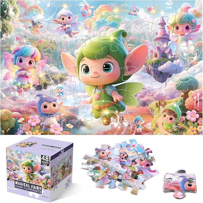 Jumbo Floor Puzzle for Kids,48 Piece Fairy Large Jigsaw Puzzles for Toddler Ages 3-5,Preschool Educational Toy Gift for Boys & Girls Ages 4-8-BubblyBeeBaby