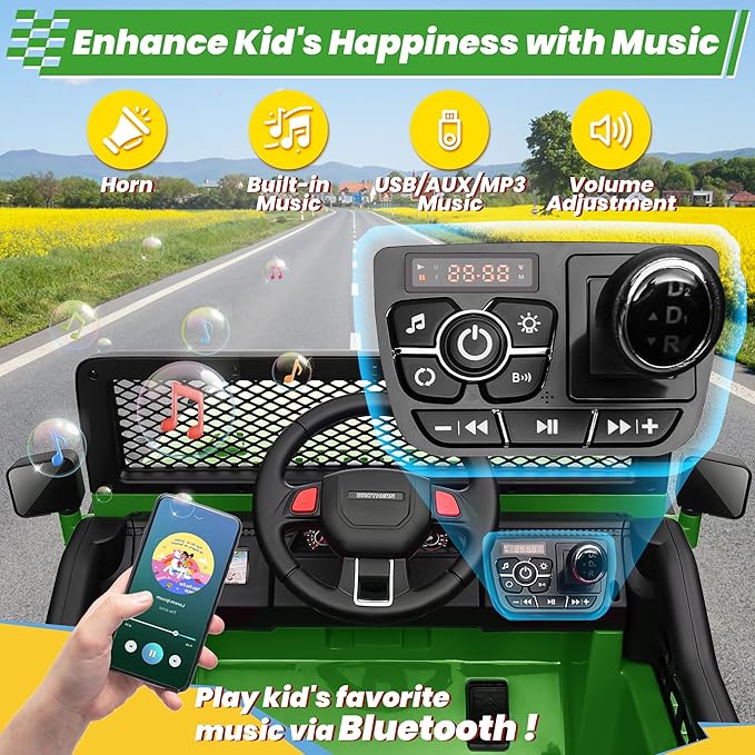 24V 4WD Ride on Truck Car w/800W Motors, Gift Flower, Remote Control, 2 Seaters, Light Bar, 3 Speeds, Pop Music, Power Four Wheels, 24 Volt Ride on Toy Car for Big Kids, Green-BubblyBeeBaby