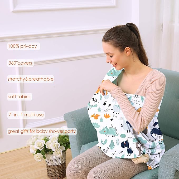 Multi-use Carseat Canopy Cover - Breathable Breastfeeding Covers, Car Seat Covers for Babies, Stroller Canopy Cover (Cute Dinosaur)-BubblyBeeBaby