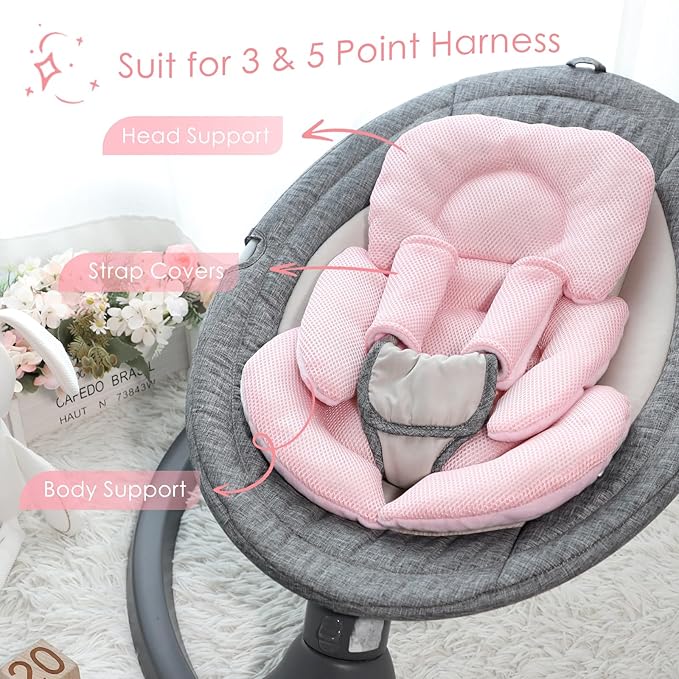 Infant Car Seat Insert for Newborn Girls Boys, Summer Mesh Baby Carseat Head Support with Strap Pads, Soft Reversible Baby Car Seat Insert Cushion Pad for Car Seat, Stroller, Bouncer, Swing, Pink-BubblyBeeBaby