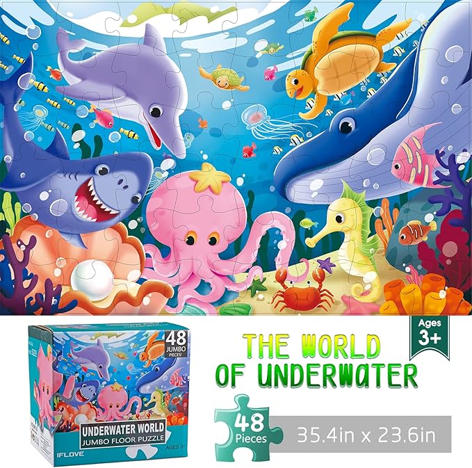 Jumbo Floor Puzzle for Kids Underwater Jigsaw Large Puzzles 48 Piece for Toddler Children Learning Preschool Educational Intellectual Development Toys 3-5 4-8 Years Old Gift for Boys and Girls-BubblyBeeBaby