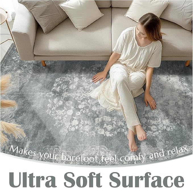 jinchan Washable Area Rug 8x10 for Living Room - Soft Faux Wool Ultra-Thin Stain Resistant Non-Slip Distressed Vintage Floral Large Carpet for Bedroom,Dining Room,Home Office,Nursery(Grey, 8'x10')-BubblyBeeBaby