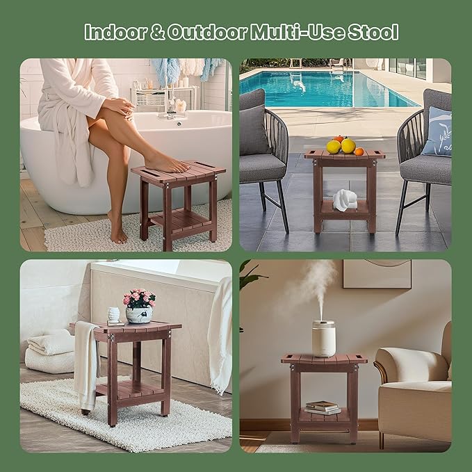 HDPE Shower Bench Seat Capacity 300LB, Waterproof Bathroom Stool with Side Carry Holes, Compact 16.8" L Design, Non-Slip Shower Seat for Elderly, Shaving Legs & Spa - Indoor/Outdoor Use(Brown)-BubblyBeeBaby