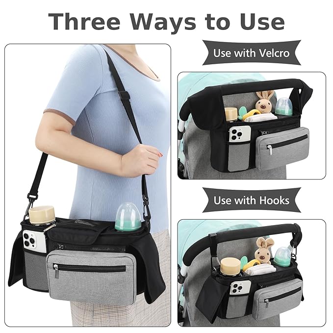 Accmor Universal Stroller Organizer with Insulated Cup Holder Detachable Phone Bag and Shoulder Strap,Stroller Bag Caddy Organizer Fits for Uppababy, Baby Jogger, Britax Strollers-BubblyBeeBaby