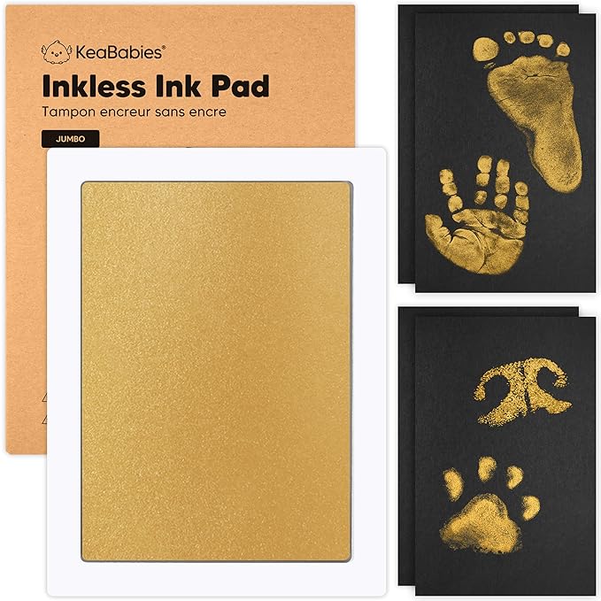 1-Pack Inkless Baby Hand and Footprint Kit - Mess Free Ink Pad for Newborn Keepsake, Dog Nose & Paw Print Kit, Clean Touch Ink Pad for Baby Hand & Footprints, Ideal New Mom Gifts (Gold, Jumbo)-BubblyBeeBaby