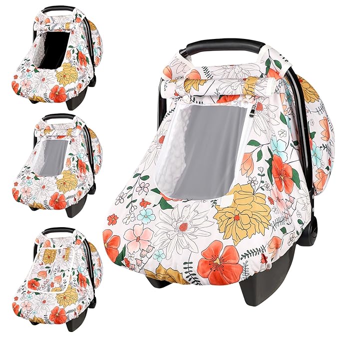 Baby Carseat Cover Girls, Pea Pod Infant Car Seat Covers Canopy for Newborn with 2 Layers Windows of Breathable Mesh/Fabric, Lightweight Polyester/Minky Dot Backing, Snug Fit Most Baby Car Seat-BubblyBeeBaby