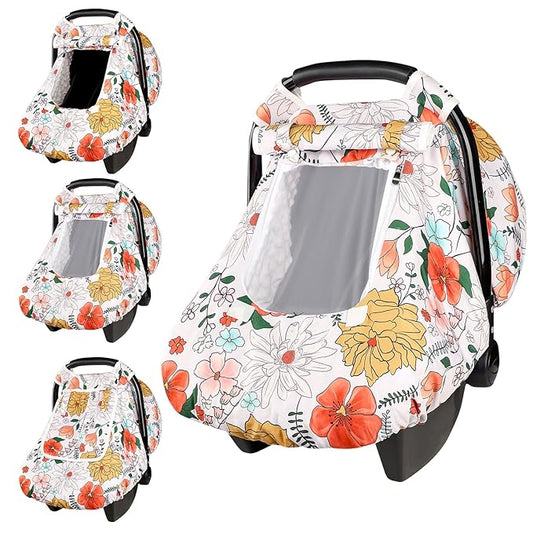 Baby Carseat Cover Girls, Pea Pod Infant Car Seat Covers Canopy for Newborn with 2 Layers Windows of Breathable Mesh/Fabric, Lightweight Polyester/Minky Dot Backing, Snug Fit Most Baby Car Seat-BubblyBeeBaby