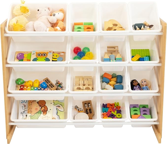 Humble Crew Supersized Toy Storage Organizer with 16 Removable Bins, Natural/White – Large Toy Storage for Toddlers Ideal for Kids' Rooms, Playrooms, and Nurseries - Modern Toy Bins for Kids-BubblyBeeBaby